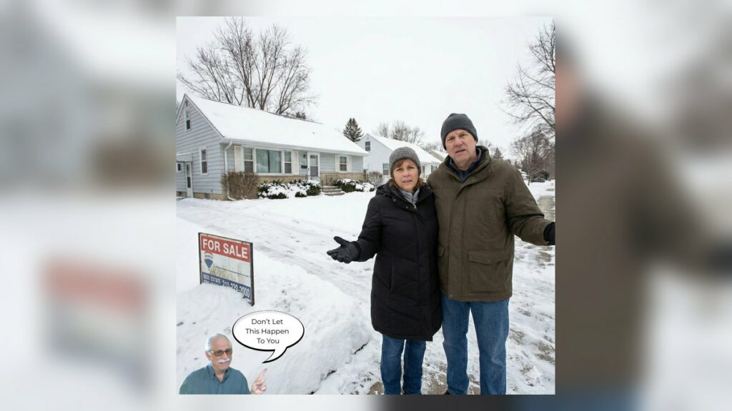 Don’t Let This Happen To You Homeowners standing in front of a snow-covered house with a partially buried ‘For Sale’ sign, appearing concerned about why their property has not sold during winter conditions.