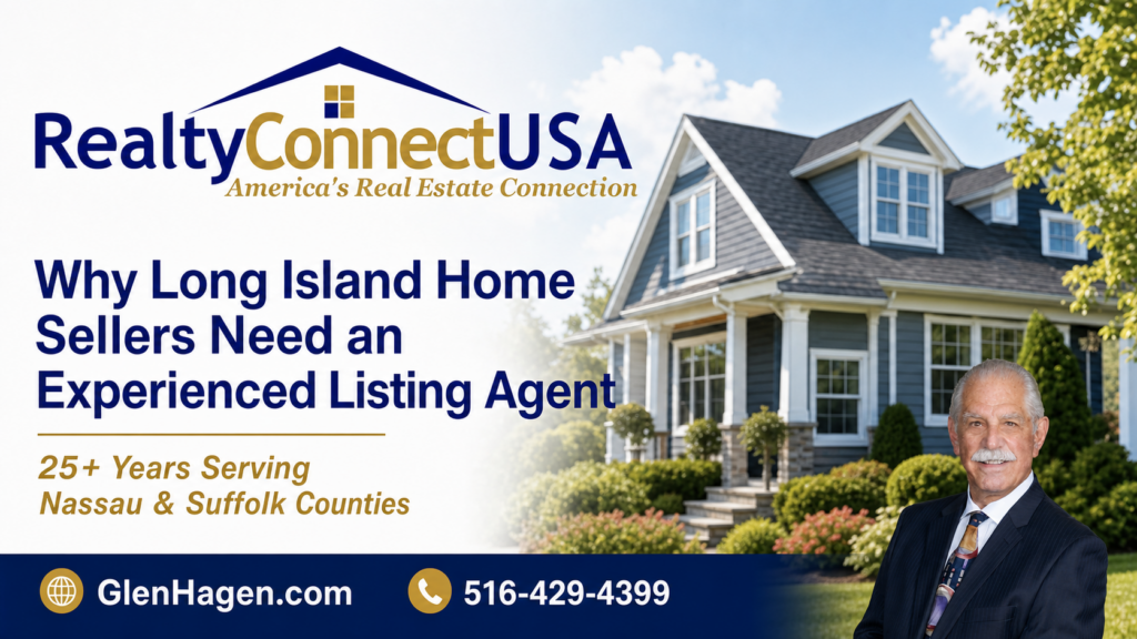 Why Long Island Home Sellers Need an Experienced Listing Agent Glen Hagen, experienced Long Island listing agent, beside an upscale Long Island home
