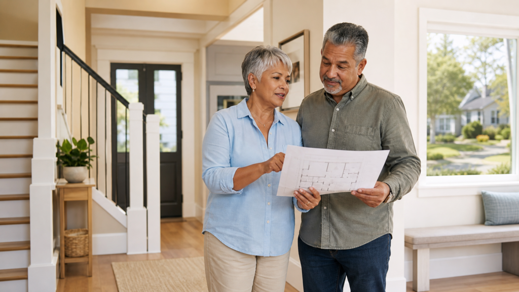 Older Long Island homeowners reviewing a floor plan while considering aging in place or downsizing