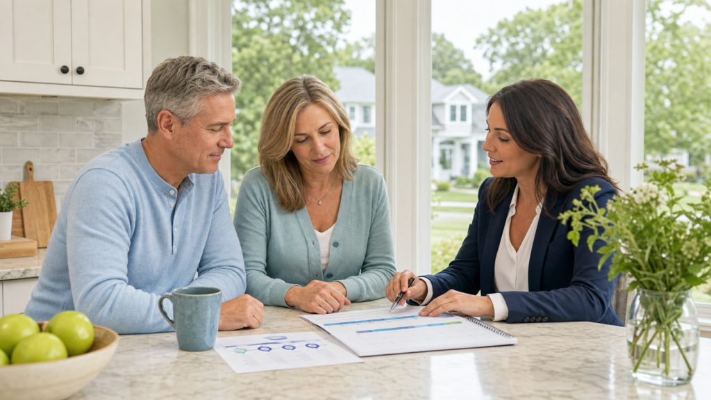 Long Island homeowners reviewing the best time to sell their home with a real estate agent
