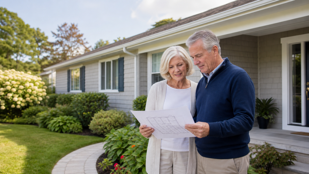 Older couple reviewing a floor plan outside a single-level Long Island home for retirement
