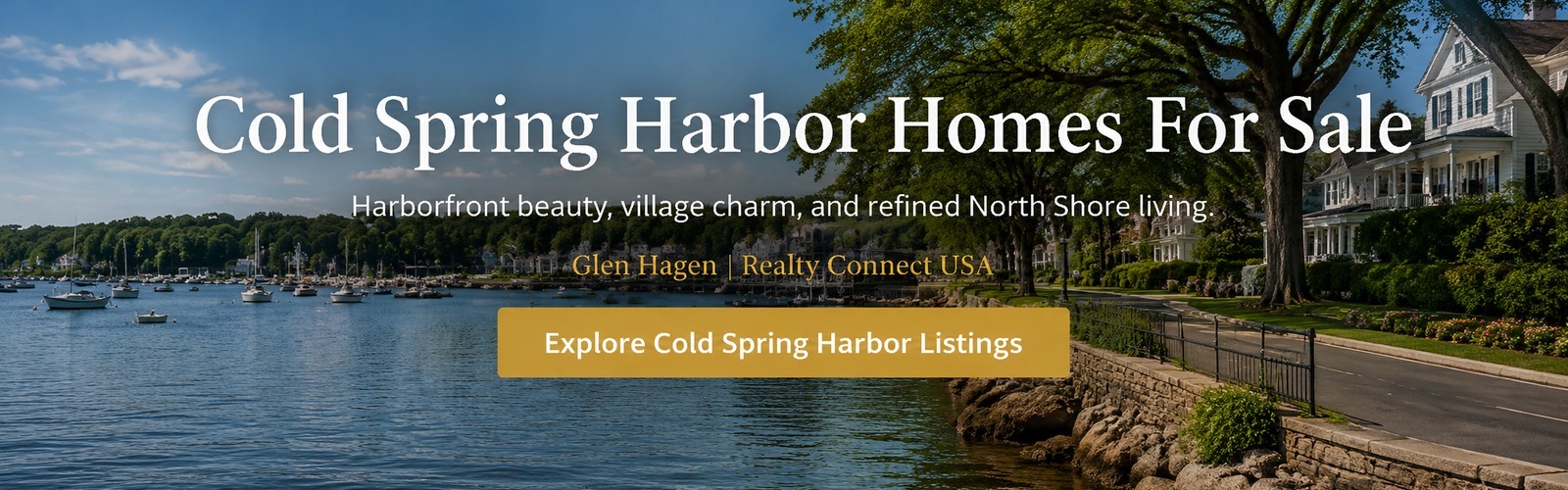Harborfront homes, boats, and shoreline scenery in Cold Spring Harbor