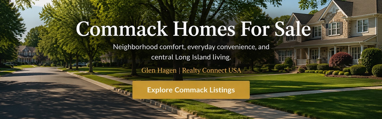 Tree-lined street, landscaped home, and established neighborhood in Commack