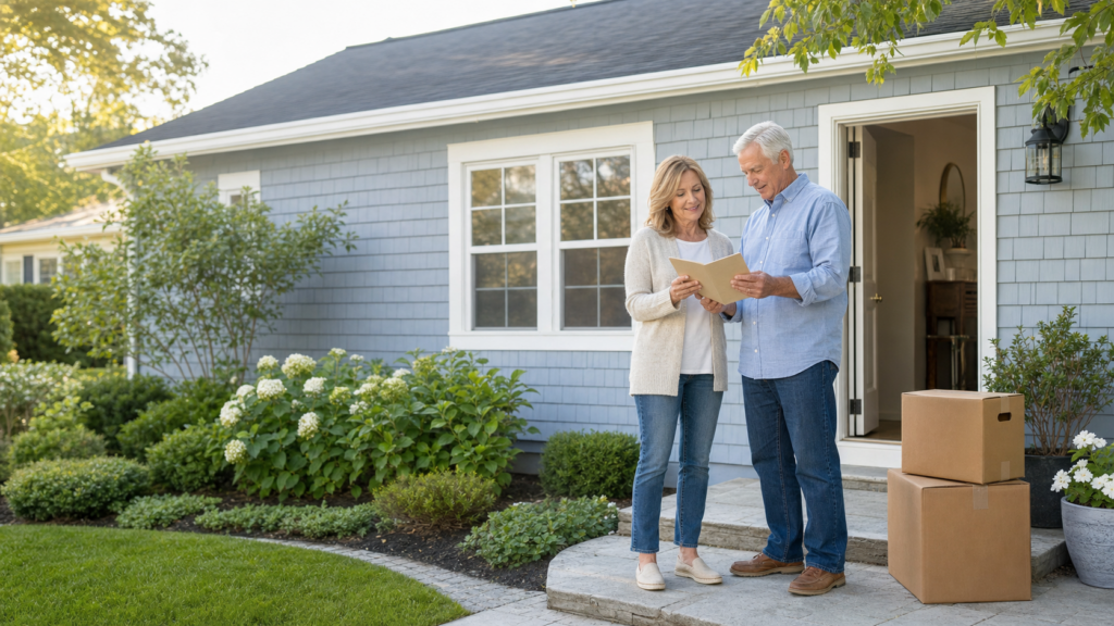 Long Island homeowners reviewing a downsizing plan outside a smaller home