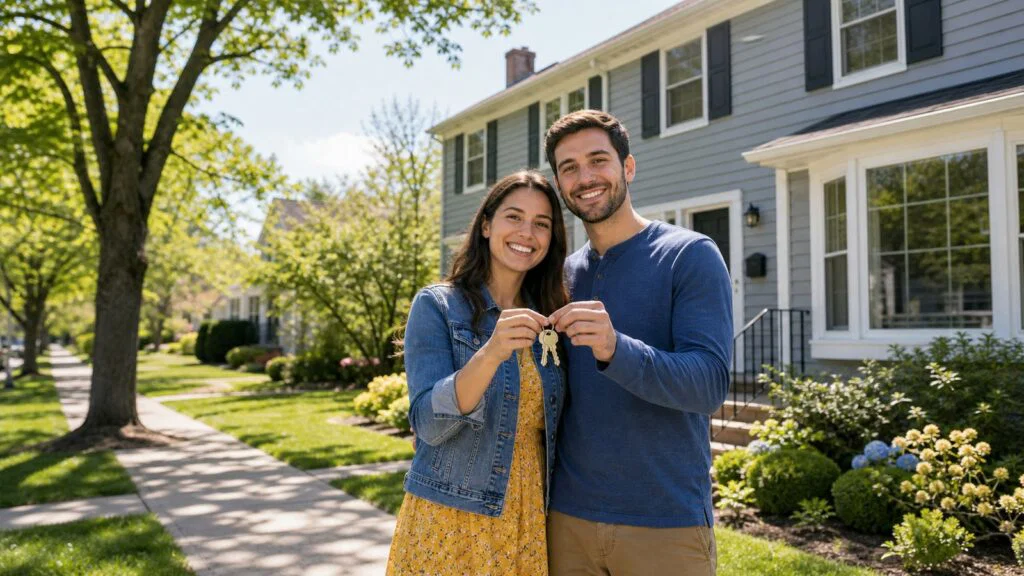First-time home buyers holding keys outside a Long Island suburban home