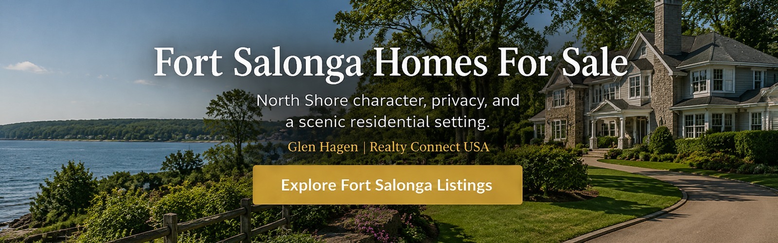 Waterfront home, mature trees, and landscaped grounds in Fort Salonga