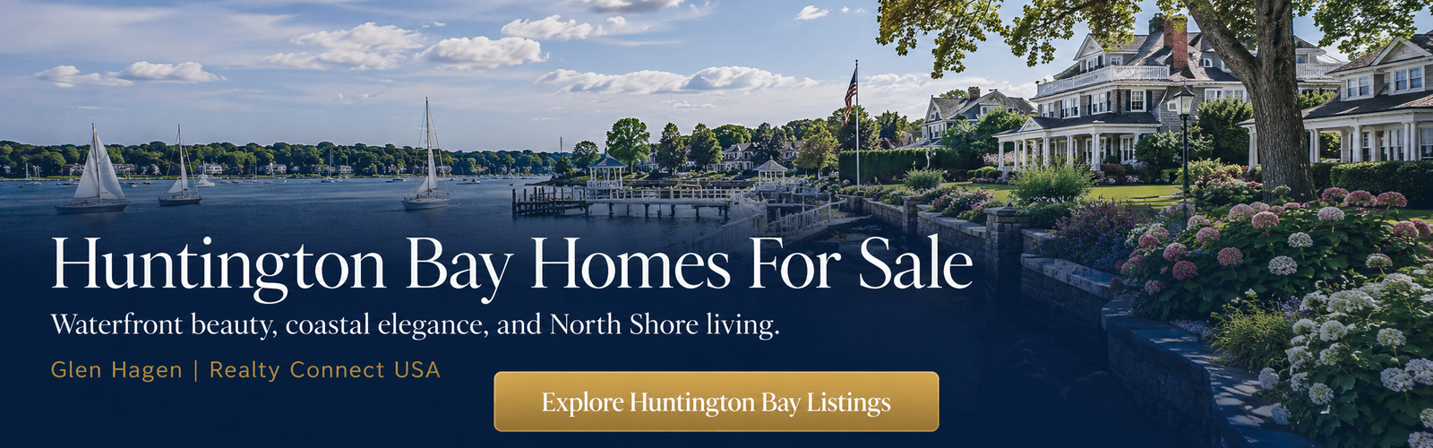 Huntington Bay waterfront with boats, shoreline homes, and North Shore scenery