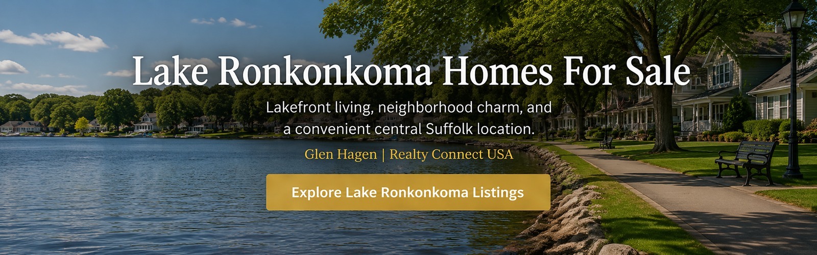 Lakefront homes, a shoreline path, and mature trees in Lake Ronkonkoma