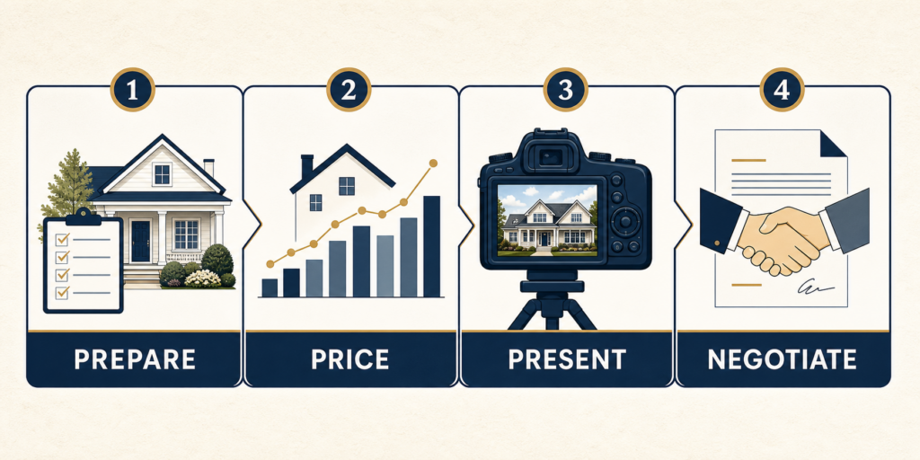 Four steps an experienced Long Island listing agent uses to help home sellers: prepare, price, present, and negotiate.
