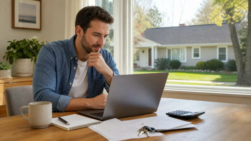 Long Island homebuyer reviewing credit and mortgage information before purchasing
