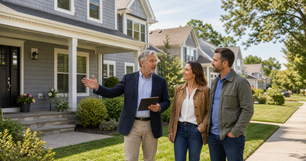Long Island home buyers reviewing a suburban property with a local real estate agent