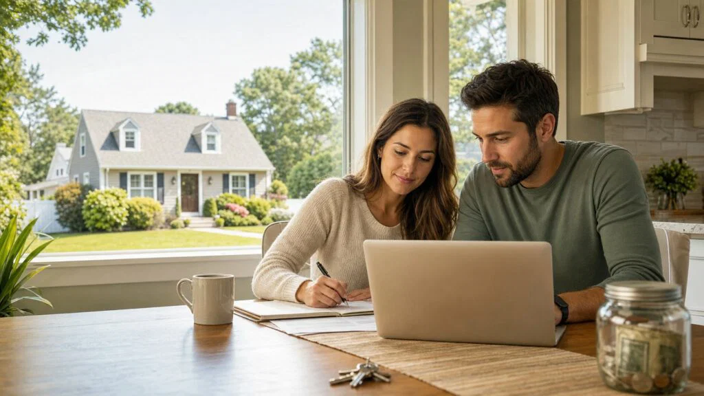 Couple planning a down payment for a Long Island home at their kitchen table