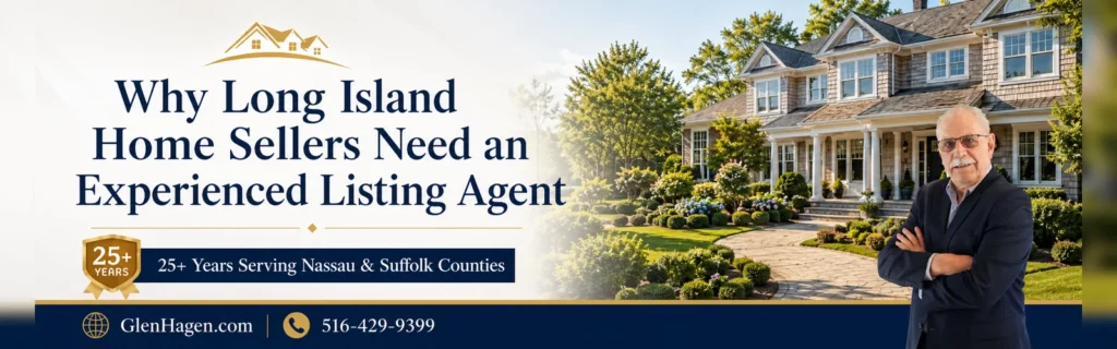 Why Long Island Home Sellers Need an Experienced Listing Agent Glen Hagen, experienced Long Island listing agent, beside an upscale Long Island home
