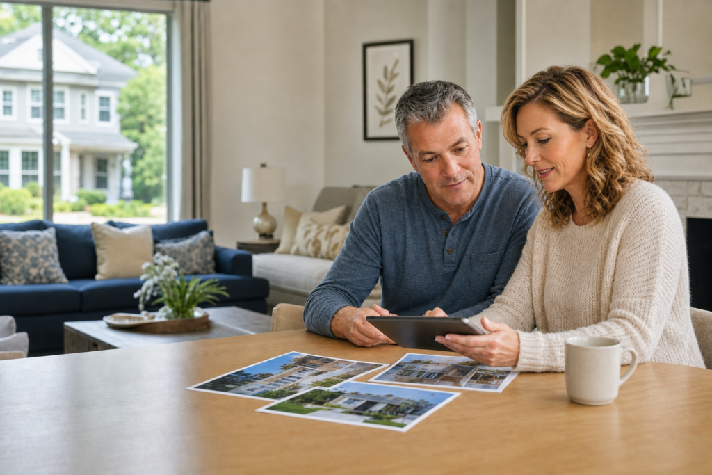 Long Island Home Value - Homeowner Review Long Island homeowners reviewing comparable property photos and an estimated home value together