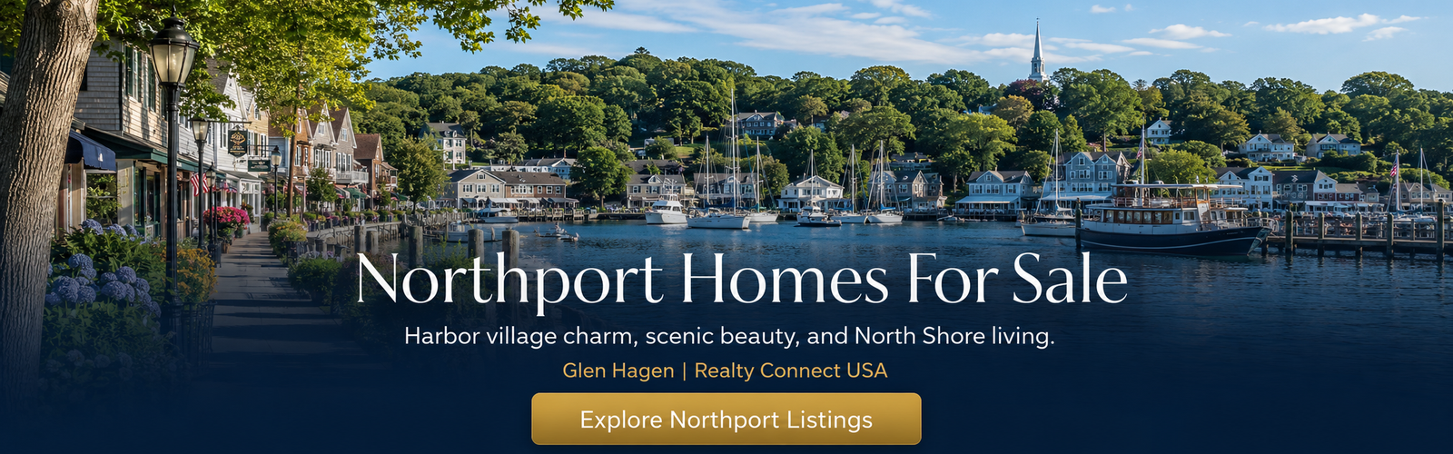 Northport Harbor with boats, waterfront homes, and village buildings