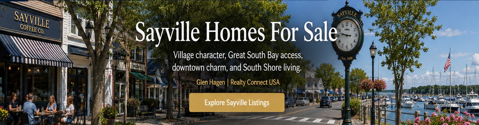 Representative South Shore village and marina lifestyle image for Sayville homes for sale. Select Explore Sayville Listings to view current listings.
