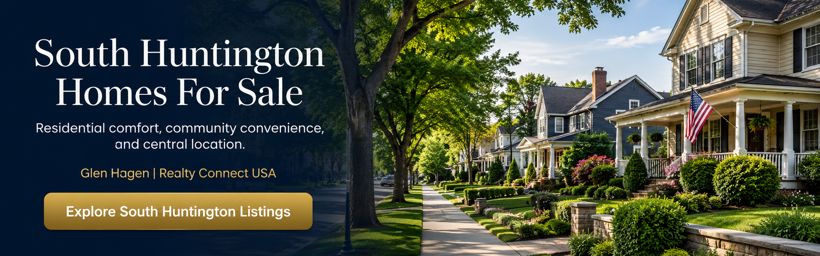 Tree-lined South Huntington residential street with established homes