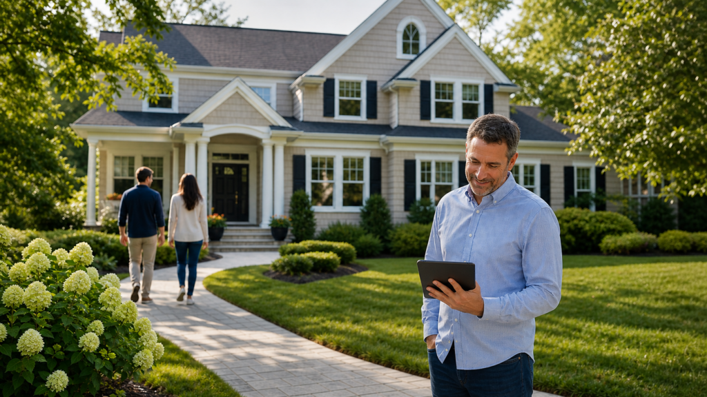 Why Some Long Island Homes Sell Quickly - Homeowner View Long Island homeowner reviewing buyer activity while visitors approach his well-prepared home