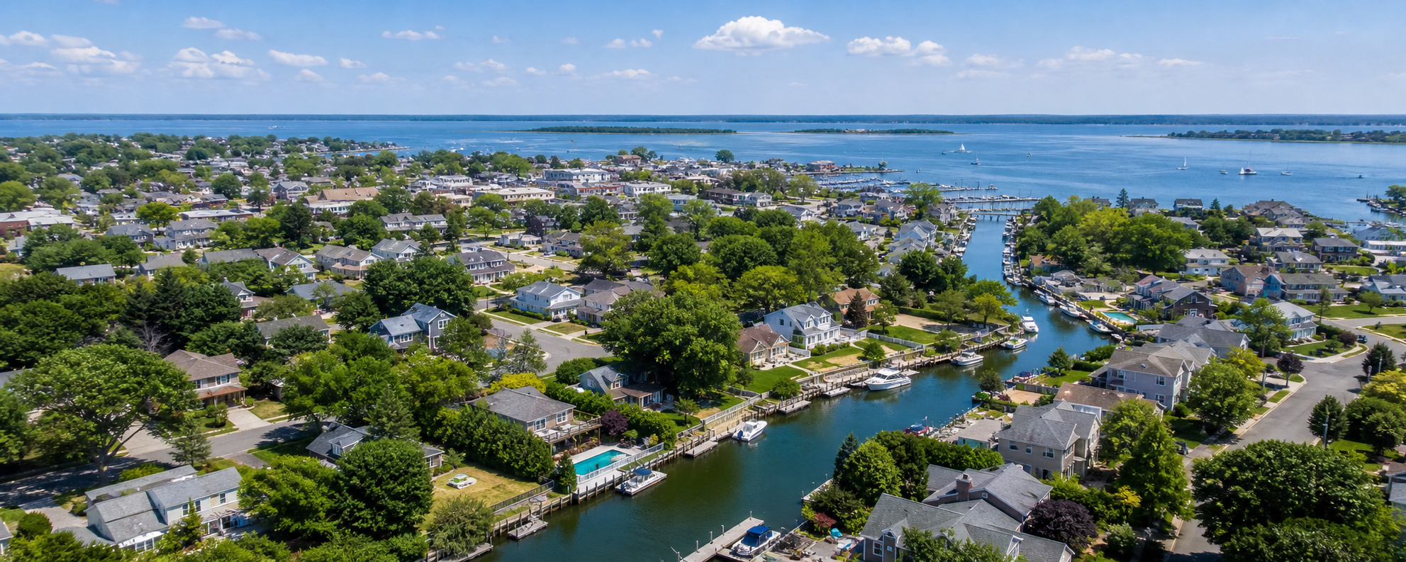 Representative aerial view of a South Shore waterfront neighborhood near the Great South Bay