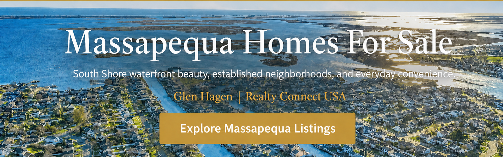 Bright aerial view of Massapequa waterfront neighborhoods, canals, marshlands, and the bay