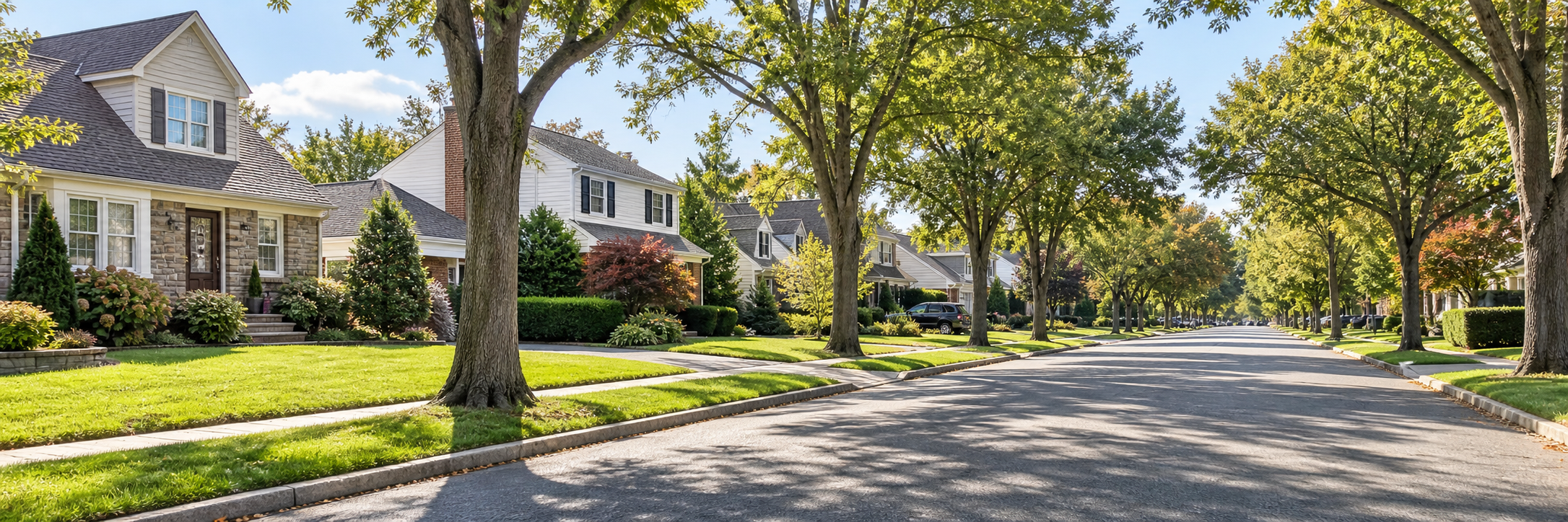 Tree-lined residential street with established homes in Bethpage, New York.
