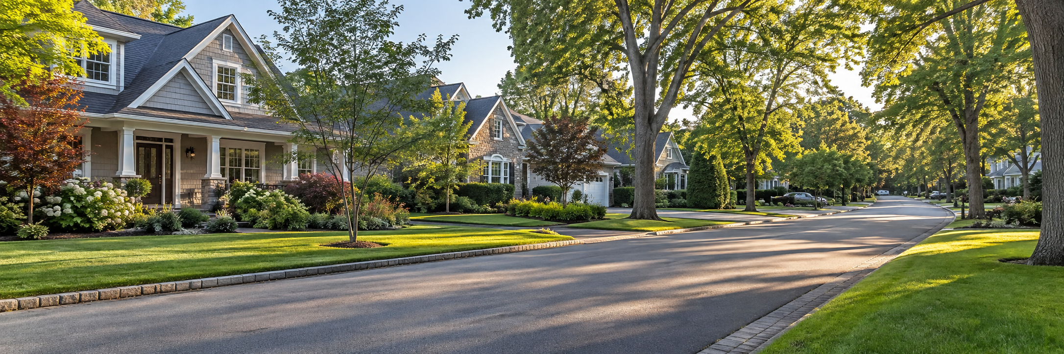 Tree-lined residential street with homes in Brookhaven, New York.