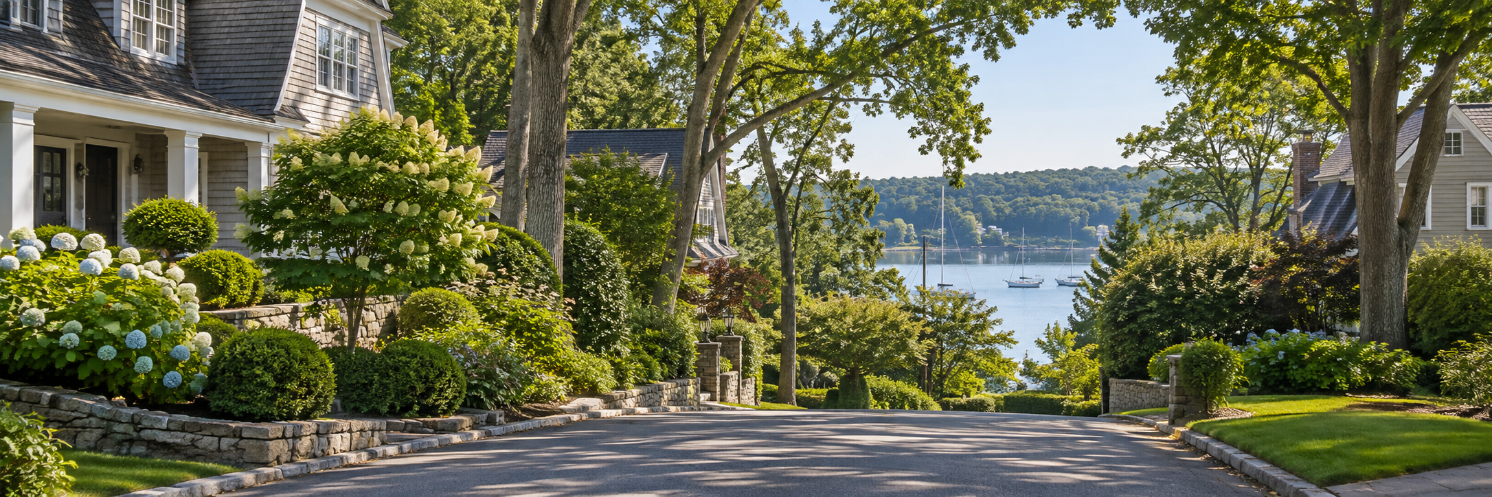 Residential lane overlooking Centerport Harbor in Centerport, New York.