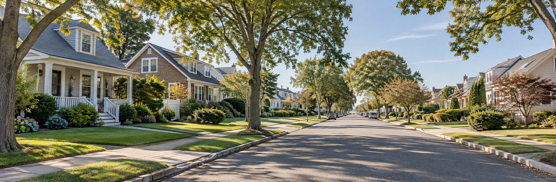 Tree-lined residential street with established homes in Copiague, New York.
